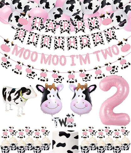 62 عبوة من مجموعة أدوات حفلات عيد الميلاد الثانية من البقرة Moo Moo I'm Two لافتة عيد ميلاد سعيد، 2 قطعة علوية من الكعك، أغطية كب كيك بقرة، بالونات مايلر للفتيات من حيوانات المزرعة، زينة حفلات عيد الميلاد الأولى من البقرة in Kuwait