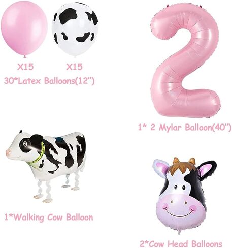 62 عبوة من مجموعة أدوات حفلات عيد الميلاد الثانية من البقرة Moo Moo I'm Two لافتة عيد ميلاد سعيد، 2 قطعة علوية من الكعك، أغطية كب كيك بقرة، بالونات مايلر للفتيات من حيوانات المزرعة، زينة حفلات عيد الميلاد الأولى من البقرة in Kuwait