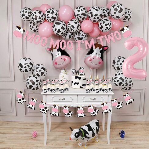 62 عبوة من مجموعة أدوات حفلات عيد الميلاد الثانية من البقرة Moo Moo I'm Two لافتة عيد ميلاد سعيد، 2 قطعة علوية من الكعك، أغطية كب كيك بقرة، بالونات مايلر للفتيات من حيوانات المزرعة، زينة حفلات عيد الميلاد الأولى من البقرة in Kuwait