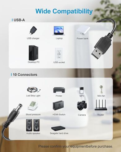 كابل طاقة عالمي MEROM USB إلى DC 5V، كابل شحن قابس أسطواني DC 5.5x2.1 مم مع 10 أطراف موصل (5.5x2.5،4.8x1.7،4.0x1.7،3.5x1.35،3.0x1.1،2.5x0) .7، Micro، Type-C، Mini، منفذ LED) - أساسيات السفر in Saudi Arabia