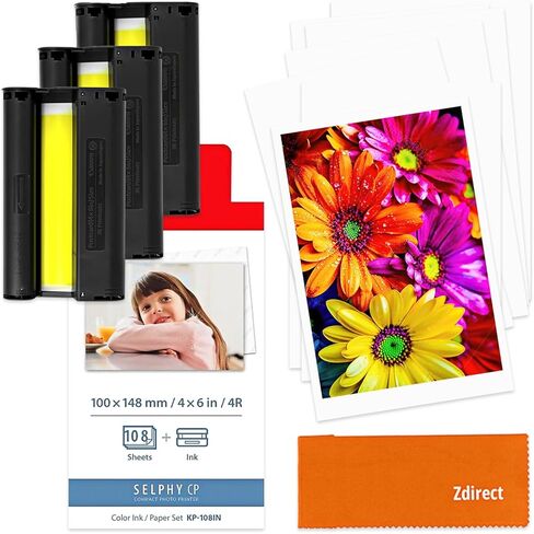 مجموعة حبر وورق Selphy CP1300/CP1500 للاستخدام مع طابعة صور Canon Selphy - ورق صور لامع 324 4 × 6 و9 خراطيش / 3 أشرطة حبر ملونة - حزمة Zdirect مع قطعة قماش من الألياف الدقيقة in Kuwait
