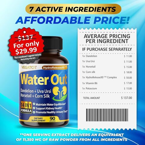 Natural Water Out Supplement 11,350mg with Dandelion, Uva Ursi, Horsetail, and Corn Silk, Nettle for Water Balance, Kidney Health, and Urinary Tract Support - Made in The USA (90 Count (Pack of 1)) in Saudi Arabia