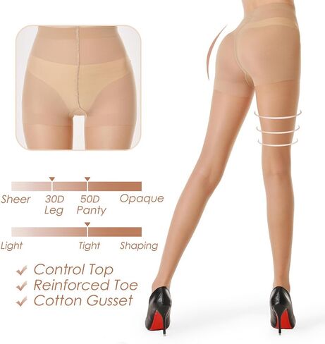 G&Y 2 Pairs Women's Lycra Sheer Tights - 30D No Rip Control Top Pantyhose with Reinforced Toes in Saudi Arabia
