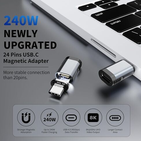 محول مغناطيسي USB C من Tttyruei بقدرة 240 وات، قطعتان محول USB C مغناطيسي قابل للفصل، 24 دبوس مع شحن سريع PD 40 جيجابت في الثانية 8K 60 هرتز لـ Thunderbolt 3/4، MacBook Pro/Air/، PS5 PSVR2 (مستقيم) in Kuwait