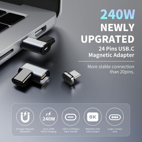 Tttyruei USB C Magnetic Adapter 240w, 2PCS USB C Right Angle Magnetic Adapter Detachable, 24 Pin with PD Fast Charging 40Gbps 8K 60Hz for Thunderbolt 3/4, MacBook Pro/Air/, PS5 PSVR2 in Saudi Arabia