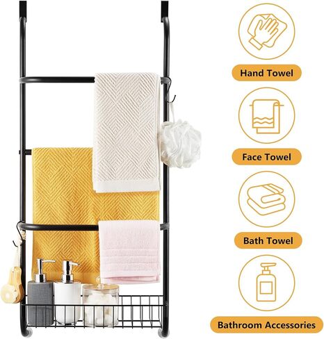 Over The Door Towel Rack, Towel Racks for Bathroom Door Hanging, Door Towel Bar Towel Storage Hanger 4 Tier Behind Door with Hooks for Bath Towels Hand Towel Blanket, Black, YOFOVI in Kuwait