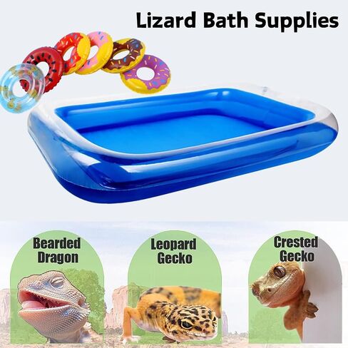 Lizard Bath Pool & Collar Rings Set - Inflatable Reptile Bathing Swimming Pool Bathtub Reptile Swim Float Ring for Leopard Gecko Amphibians Habitat Accessories Grooming Health Supplies (Blue) in Saudi Arabia