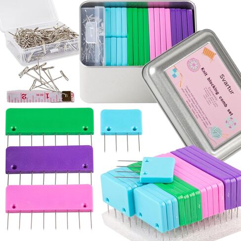 Svartur Crochet Blocking Pin Kit, with 20 Knit Blocking Combs &100 T-Pins and Tin Case, Rainbow Knitting Block Pins for Blocking Mats, Multicolor in Kuwait