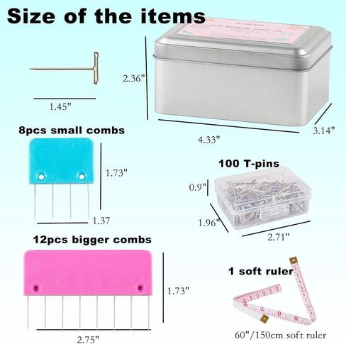 Svartur Crochet Blocking Pin Kit, with 20 Knit Blocking Combs &100 T-Pins and Tin Case, Rainbow Knitting Block Pins for Blocking Mats, Multicolor in Kuwait