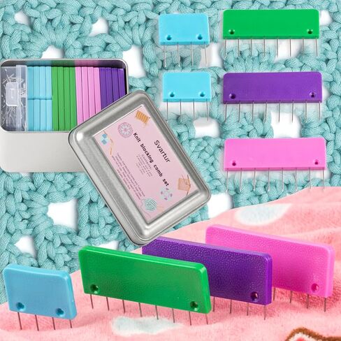 Svartur Crochet Blocking Pin Kit, with 20 Knit Blocking Combs &100 T-Pins and Tin Case, Rainbow Knitting Block Pins for Blocking Mats, Multicolor in Kuwait