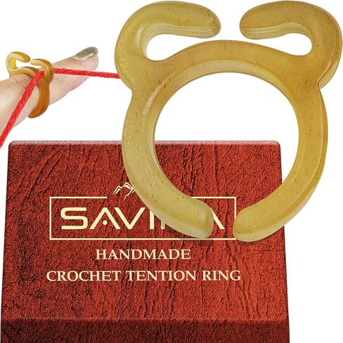 حلقة شد سافينا كروشيه - مقاس قابل للتعديل من 16.8 مم إلى أكثر من 19 مم - حلقة قرن مصنوعة يدويًا للأصابع، والحياكة، وحامل حلقات غزل الحياكة، وإكسسوارات الكروشيه مع صندوق. in Kuwait