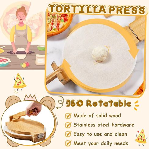 Maxcheck Wooden Tortillera Press Set Include 1 Mexican Tortillera Presser 10 Inch Rotatable Tortilla Press Maker 200 Parchment Paper 1 Wood Cutter with Accessories for Mexican Taco (Round) in Saudi Arabia