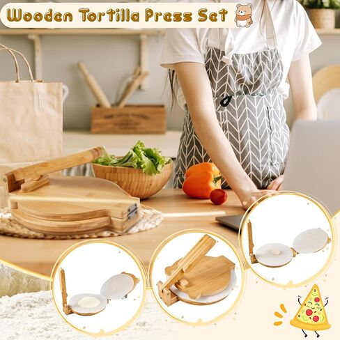Maxcheck Wooden Tortillera Press Set Include 1 Mexican Tortillera Presser 10 Inch Rotatable Tortilla Press Maker 200 Parchment Paper 1 Wood Cutter with Accessories for Mexican Taco (Round) in Saudi Arabia