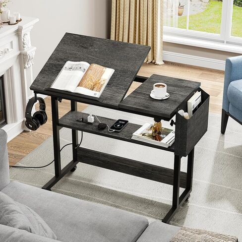 طاولة YITAHOME قابلة لضبط الارتفاع مع محطة شحن، مكتب محمول بعجلات، مكتب كمبيوتر صغير قائم مع سطح طاولة قابل للإمالة وحقيبة تخزين، أسود in Kuwait