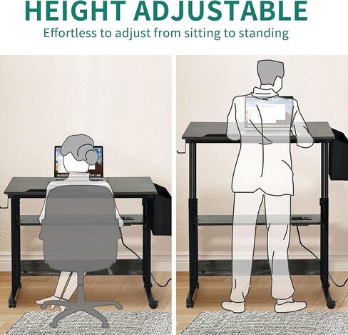 طاولة YITAHOME قابلة لضبط الارتفاع مع محطة شحن، مكتب محمول بعجلات، مكتب كمبيوتر صغير قائم مع سطح طاولة قابل للإمالة وحقيبة تخزين، أسود in Kuwait
