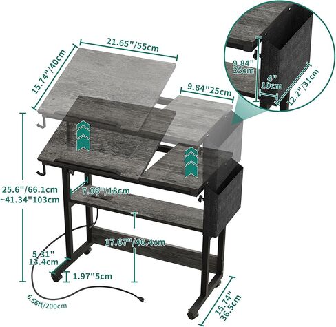 طاولة YITAHOME قابلة لضبط الارتفاع مع محطة شحن، مكتب محمول بعجلات، مكتب كمبيوتر صغير قائم مع سطح طاولة قابل للإمالة وحقيبة تخزين، أسود in Kuwait