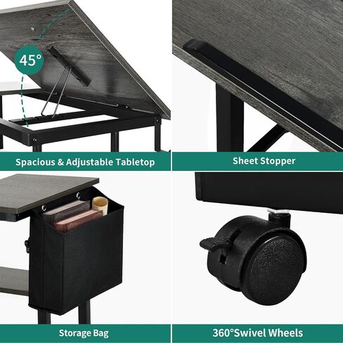 طاولة YITAHOME قابلة لضبط الارتفاع مع محطة شحن، مكتب محمول بعجلات، مكتب كمبيوتر صغير قائم مع سطح طاولة قابل للإمالة وحقيبة تخزين، أسود in Kuwait