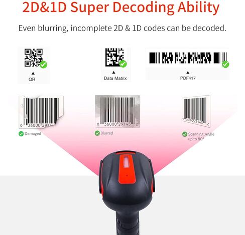 Alacrity 2D 1D QR ماسح الباركود الصناعي مع حامل (ليس شحن لاسلكي)، بلوتوث 2.4 جيجا هرتز سلكي USB 3in1، مقاوم للصدمات والغبار، حر اليدين للكمبيوتر المحمول والكمبيوتر اللوحي والهاتف Windows Mac iOS Android in Kuwait