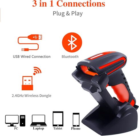 Alacrity 2D 1D QR ماسح الباركود الصناعي مع حامل (ليس شحن لاسلكي)، بلوتوث 2.4 جيجا هرتز سلكي USB 3in1، مقاوم للصدمات والغبار، حر اليدين للكمبيوتر المحمول والكمبيوتر اللوحي والهاتف Windows Mac iOS Android in Kuwait
