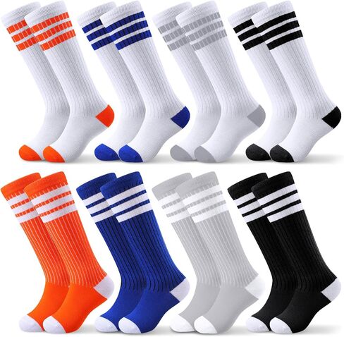 Bunnycool 8 Pairs Kids Knee High Stripe Tube Socks Toddler Soccer Socks Kids Three Stripes Tube Socks Kids Team Color Tube Socks School Uniform Socks for Football Basketball Girls Boys 4-6 Years Old in Saudi Arabia