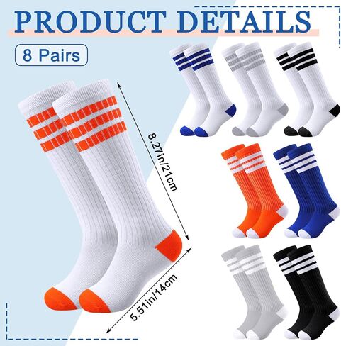 Bunnycool 8 Pairs Kids Knee High Stripe Tube Socks Toddler Soccer Socks Kids Three Stripes Tube Socks Kids Team Color Tube Socks School Uniform Socks for Football Basketball Girls Boys 4-6 Years Old in Saudi Arabia