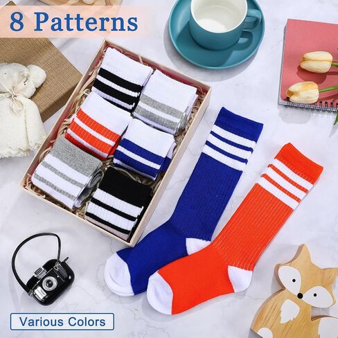 Bunnycool 8 Pairs Kids Knee High Stripe Tube Socks Toddler Soccer Socks Kids Three Stripes Tube Socks Kids Team Color Tube Socks School Uniform Socks for Football Basketball Girls Boys 4-6 Years Old in Saudi Arabia
