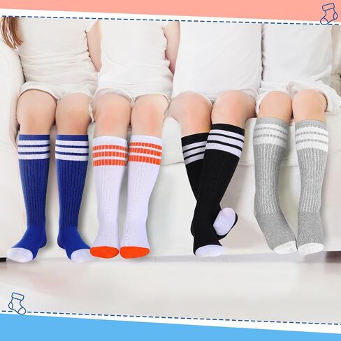 Bunnycool 8 Pairs Kids Knee High Stripe Tube Socks Toddler Soccer Socks Kids Three Stripes Tube Socks Kids Team Color Tube Socks School Uniform Socks for Football Basketball Girls Boys 4-6 Years Old in Saudi Arabia