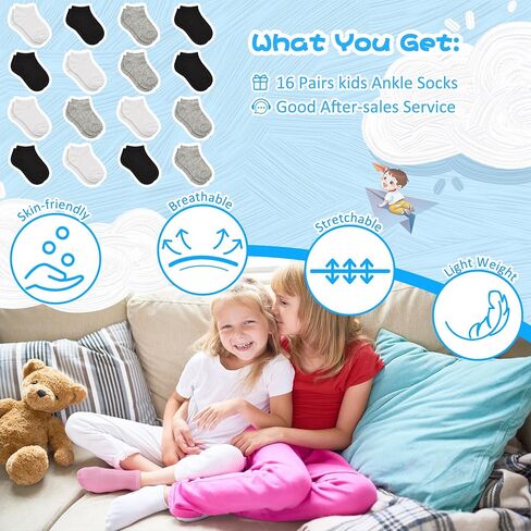 Toddler Socks, 16 Pairs Low Cut Ankle Socks for Kids (1-14 Years) | No Show Short Socks for Boys & Girls, Breathable, Lightweight, School, Athletic, Soft & Comfortable in Saudi Arabia