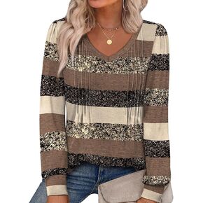 Alaroo Womens Long Sleeve Shirts Pleated V Neck Curved Hem Fall Winter Tunic Tops Blouses Print in Kuwait