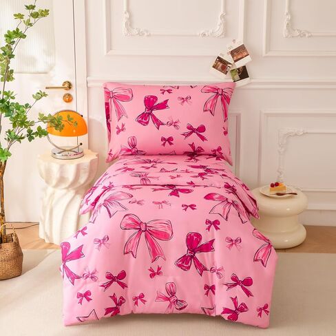 SDIII 4 Piece Pink Bow Girl Toddler Bedding Set, Cute Bowknot Princess Toddler Bedding Set with Comforter, Fitted Sheet, Flat Sheet and Pillowcase in Saudi Arabia