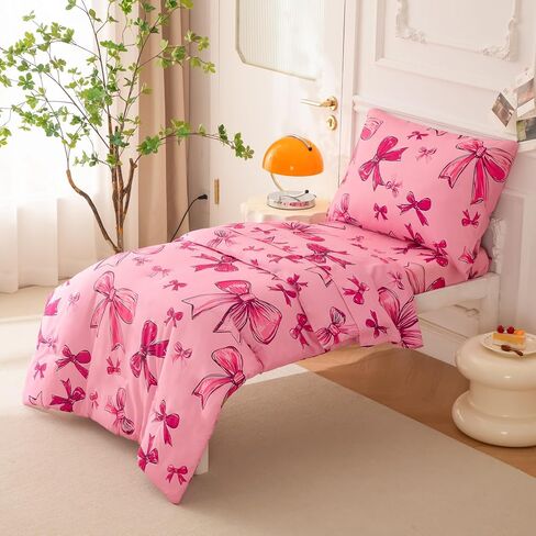 SDIII 4 Piece Pink Bow Girl Toddler Bedding Set, Cute Bowknot Princess Toddler Bedding Set with Comforter, Fitted Sheet, Flat Sheet and Pillowcase in Saudi Arabia