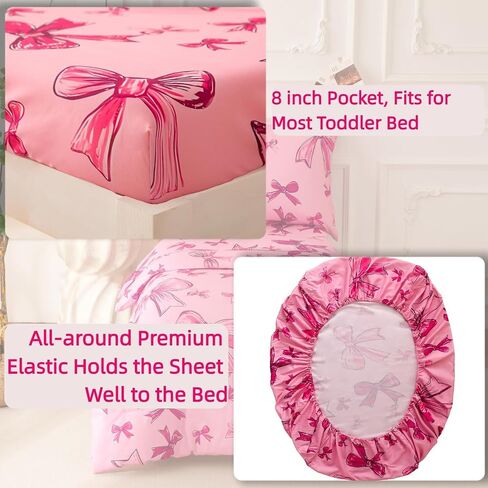 SDIII 4 Piece Pink Bow Girl Toddler Bedding Set, Cute Bowknot Princess Toddler Bedding Set with Comforter, Fitted Sheet, Flat Sheet and Pillowcase in Saudi Arabia