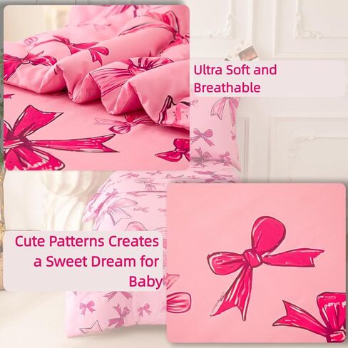 SDIII 4 Piece Pink Bow Girl Toddler Bedding Set, Cute Bowknot Princess Toddler Bedding Set with Comforter, Fitted Sheet, Flat Sheet and Pillowcase in Saudi Arabia