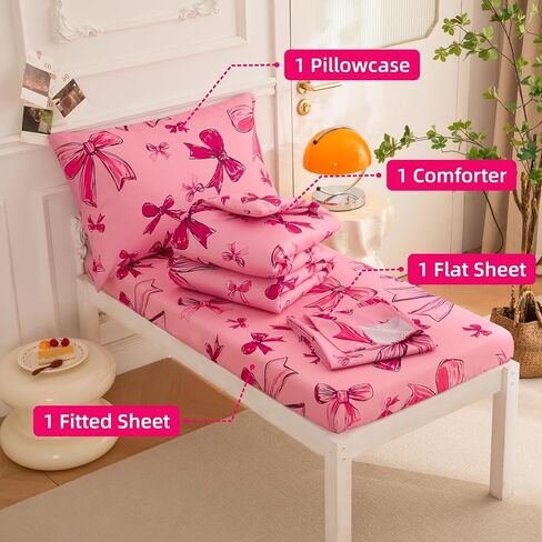 SDIII 4 Piece Pink Bow Girl Toddler Bedding Set, Cute Bowknot Princess Toddler Bedding Set with Comforter, Fitted Sheet, Flat Sheet and Pillowcase in Saudi Arabia