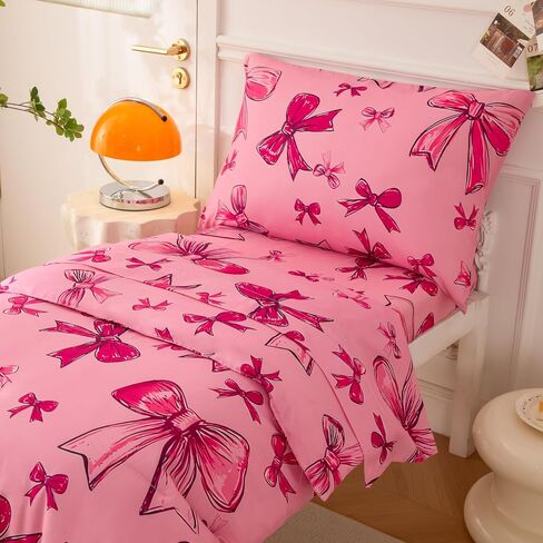 SDIII 4 Piece Pink Bow Girl Toddler Bedding Set, Cute Bowknot Princess Toddler Bedding Set with Comforter, Fitted Sheet, Flat Sheet and Pillowcase in Saudi Arabia