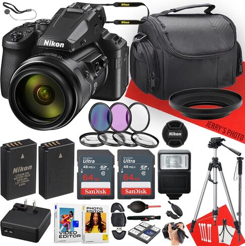 كاميرا Nikon COOLPIX P950 الرقمية مع عدسة NIKKOR مقاس 24-2000 مم + قطعتين ذاكرة سعة 64 جيجابايت + بطارية إضافية + غطاء محرك السيارة + Monopod + مرشحات + حامل ثلاثي القوائم + المزيد (حزمة 31 قطعة) (متجددة) in Saudi Arabia