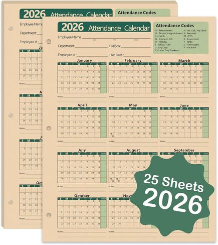 2026 التقويم الحضور - بطاقات تتبع عمل حضور الموظفين - 8.5 × 11 بوصة متينة وسميكة صنع (25 ورقة لكل عبوة) (مانيلا بلو) in Kuwait