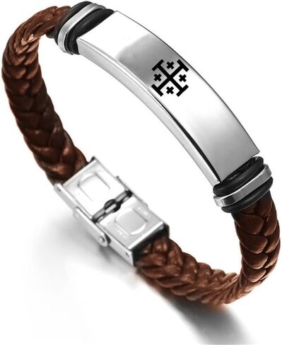 Religious Medieval Jewelry Braided Wrap Leather Jerusalem Crusaders Cross Bracelet for Men Women Greek Crossbars Faith Symbol Personalized Engraved Bangle for Church Christening, 8.26 Inch in Saudi Arabia