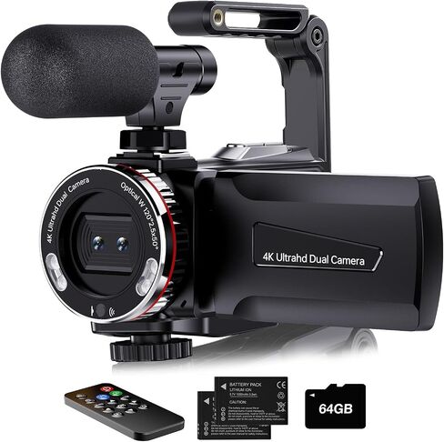 4K Video Camera Camcorder, 64MP UHD Vlogging Dual Camera for YouTube, 21X Digital Zoom IPS Screen Vlog Camera with External Microphone, Stabilizer, Remote, 2 Batteries, Remote, Memory Card in Saudi Arabia