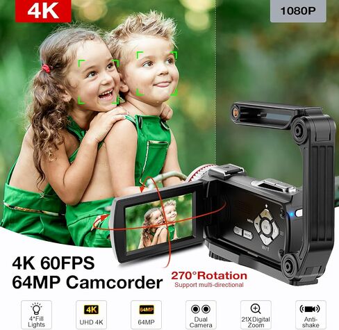 4K Video Camera Camcorder, 64MP UHD Vlogging Dual Camera for YouTube, 21X Digital Zoom IPS Screen Vlog Camera with External Microphone, Stabilizer, Remote, 2 Batteries, Remote, Memory Card in Saudi Arabia