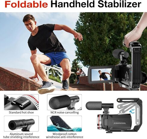 4K Video Camera Camcorder, 64MP UHD Vlogging Dual Camera for YouTube, 21X Digital Zoom IPS Screen Vlog Camera with External Microphone, Stabilizer, Remote, 2 Batteries, Remote, Memory Card in Saudi Arabia