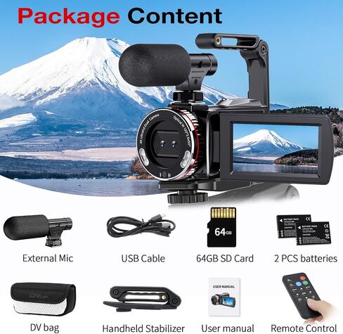 4K Video Camera Camcorder, 64MP UHD Vlogging Dual Camera for YouTube, 21X Digital Zoom IPS Screen Vlog Camera with External Microphone, Stabilizer, Remote, 2 Batteries, Remote, Memory Card in Saudi Arabia