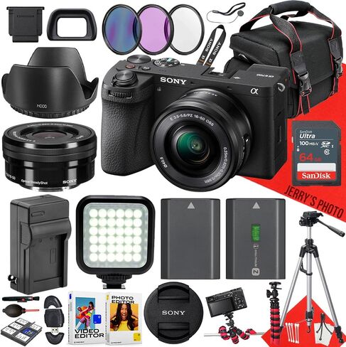 كاميرا Sony a6700 بدون مرآة مع عدسة Sony E PZ مقاس 16-50 مم F/3.5-5.6 OSS + ذاكرة 64 جيجابايت + حامل ثلاثي عنكبوت + ضوء LED + حقيبة كاميرا + حامل ثلاثي + قارئ بطاقات + بطارية إضافية + المزيد (حزمة 26 قطعة) (متجددة) in Saudi Arabia