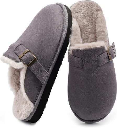 Women's Fuzzy Suede Slippers Faux Fur Memory Foam Scuff Slippers Warm Winter Slip-On House Shoes with Adjustable Buckle Indoor and Outdoor in Saudi Arabia