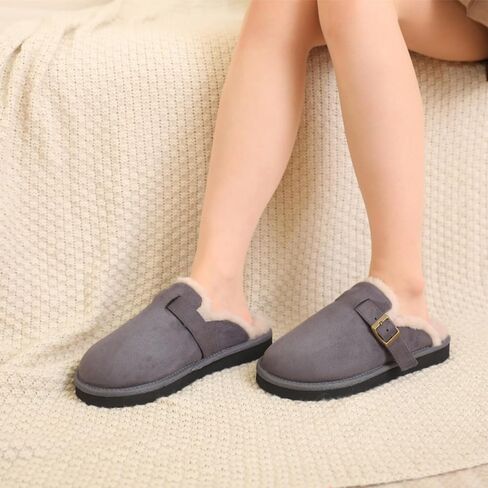 Women's Fuzzy Suede Slippers Faux Fur Memory Foam Scuff Slippers Warm Winter Slip-On House Shoes with Adjustable Buckle Indoor and Outdoor in Saudi Arabia