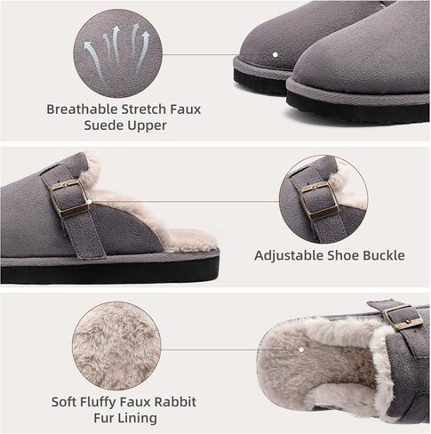 Women's Fuzzy Suede Slippers Faux Fur Memory Foam Scuff Slippers Warm Winter Slip-On House Shoes with Adjustable Buckle Indoor and Outdoor in Saudi Arabia