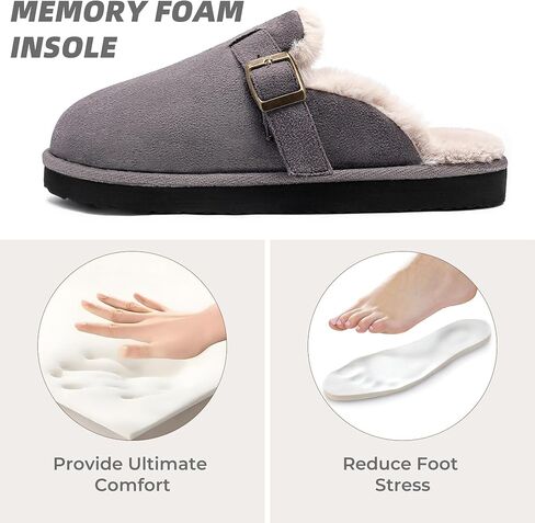 Women's Fuzzy Suede Slippers Faux Fur Memory Foam Scuff Slippers Warm Winter Slip-On House Shoes with Adjustable Buckle Indoor and Outdoor in Saudi Arabia