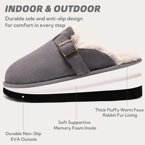 Women's Fuzzy Suede Slippers Faux Fur Memory Foam Scuff Slippers Warm Winter Slip-On House Shoes with Adjustable Buckle Indoor and Outdoor in Saudi Arabia