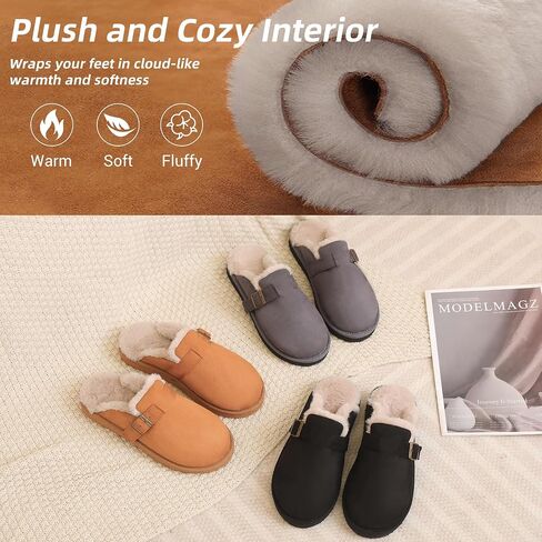 Women's Fuzzy Suede Slippers Faux Fur Memory Foam Scuff Slippers Warm Winter Slip-On House Shoes with Adjustable Buckle Indoor and Outdoor in Saudi Arabia