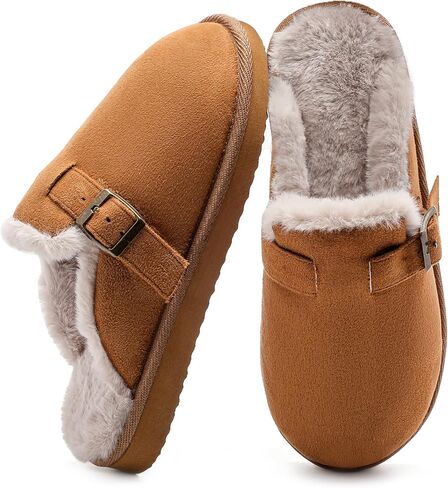 Women's Fuzzy Suede Slippers Faux Fur Memory Foam Scuff Slippers Warm Winter Slip-On House Shoes with Adjustable Buckle Indoor and Outdoor in Saudi Arabia